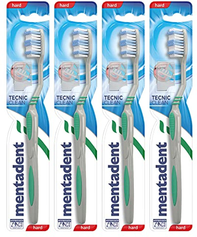 4 x Mentadent Tecnic Clean Zahnbürste mit harten Borsten und Zungenreiniger - 4 Zahnbürsten