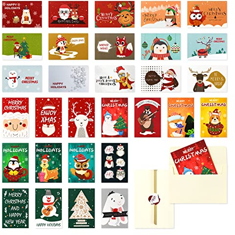 Magic Ants Weihnachtskarten Bulk Weihnachtswinterurlaub Grußkarten 30 Packungen mit 30 Designs Sortiment Frohe Winterferien Geschenkkarten Neujahrskarte 4x 6(Karikatur - 30 Entwürfe)