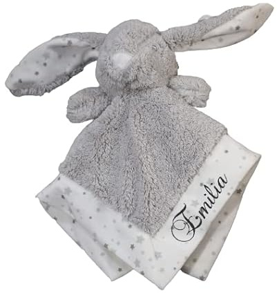 BotoBaby® - Schmusetuch mit Namen und Geburtsdatum - Kuscheltuch - (Grau - Hase Flauschig)