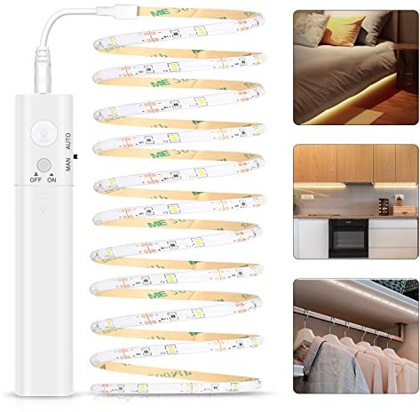 LED Band mit Bewegungsmelder - 2m LED Strip Batteriebetrieben LED Streifen, Batteriebetrieben Kleiderschrank Beleuchtung Stripe, 6500K Warmweiß Kleiderschrank für Schlafzimmer, Treppe, Schrank