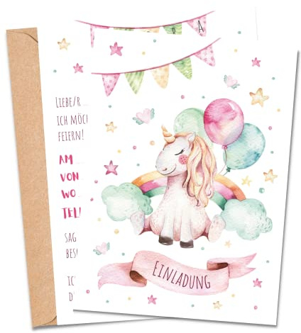 MeinBaby123® 10 Einladungskarten Kindergeburtstag Mädchen | süße Geburtstagseinladungen für Kinder | Einhorn Einladungskarten | inkl. 10 Briefumschläge | Premium Qualität (Einhorn V4)