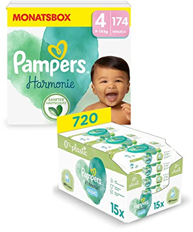 Pampers Harmonie Aqua Baby Set mit Windeln Größe 4 (9-14kg, 174 Stück), MONATSBOX, und Aqua Baby Feuchttücher, 720 Tücher (15 x 48), Baby Erstausstattung