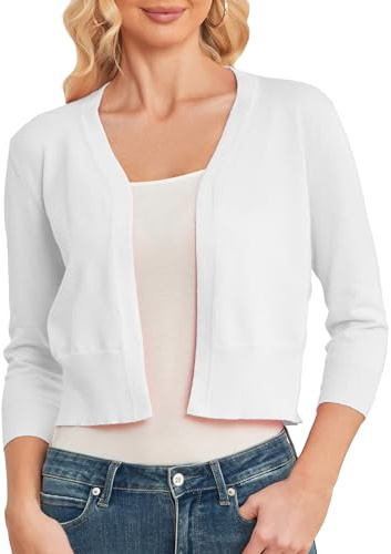 CUNYI Bolero Cardigan Donna Corto Manica 3/4 Coprispalle Frontale Aperto Elegante Scollo en V Maglione Leggero, Bianco L
