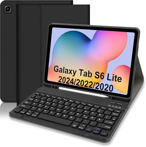 Hülle mit Tastatur für Samsung Galaxy Tab S6 Lite (Deutsches QWERTZ), Schutzhülle mit Pencil Halter Wireless Tastatur für Galaxy Tab S6 Lite 10,4 2024/2022/2020(P620/P625/P610/P613/P615/P619), Blau
