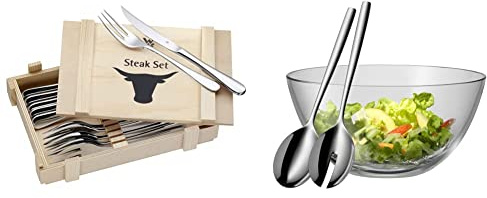 WMF Steakbesteck 12-teilig, Steakbesteck Set für 6 Personen & Taverno Salatschüssel Set 3-teilig, Salatbesteck 25 cm mit Salatschale, runde Schale 23,5 cm, Glas, Cromargan Edelstahl poliert