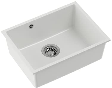 QUADRON Einbeckenspüle Granitspüle Spüle Küche | Größe 40 x 53,5 x 20,5 cm Farbe: Weiß & Stahl | ALEC 50 Einzelbecken Küchenspüle | Granit Spülbecken | mit manuellem Siphon
