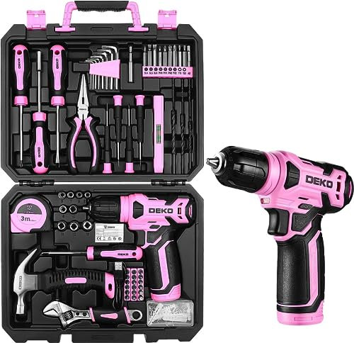 DEKO Pink Tool Kit: 126-Piece DIY Set with 8V Cordless Drill, Electric Drills & Hand Tools for Women