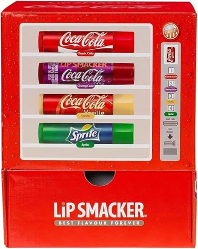 Lip Smacker Coca-Cola Collection, Coca-Cola, Coca-Cola Cherry, Coca-Cola Vanilla och Sprite Smaksatta Läppbalsam, Olika Autentiska Coca Cola-smaksatta läppbalsam, Presentset i en Coke-varuautomat
