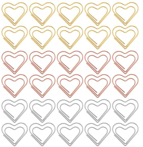 Goiern® Lot de 30 pinces de bureau en forme de cœur (argent/or rose/doré), trombones, pinces pliables, en métal, en forme de cœur, pour bureau, salle de classe