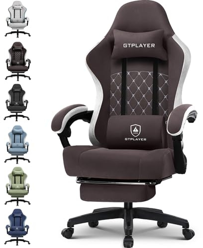 GTPLAYER Gaming Stuhl Ergonomischer Gaming Sessel Schreibtischstuhl mit Stoffoberfläche, Federsitzkissen, Verbindungsarmlehnen und Fußstütze 150KG, Braun