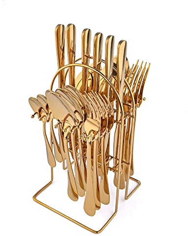 GaRcan Ensemble d'argenterie de 24 pièces avec Support de Rangement doré, Ensemble de Couverts en Acier Inoxydable, Servant des Outils de Restaurant Familial pour 6 Personnes