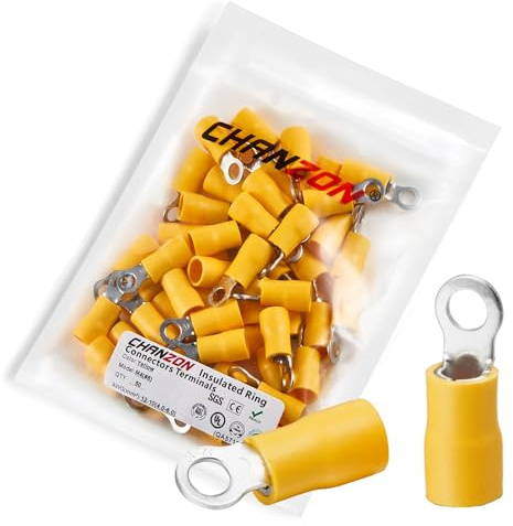 Chanzon Yellow Ring Terminals - #8 M4 - UL Listed Insulated PVC Eyelet Wire Connector 12-10AWG Gauge Electrical Crimp Connector for Boat Truck Stereo Car(50pcs)