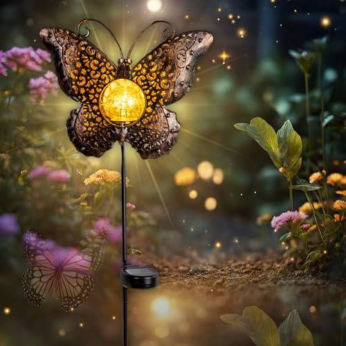 LED Solar Gartenstecker Schmetterling mit Crackle-Glas Gartendeko für Draußen | Solarleuchten für außen - Gartenstecker Metall / Gartendeko Solar als Terrassen Deko & Balkon Deko | Metall Deko Garten
