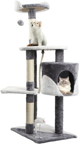 Nobleza Rascador para Gatos, Altura 118.5 cm, Árbol Estable para Gatos, 3 Plataformas, 1 Cueva, 1 Pompón, 1 Peluche, Gris