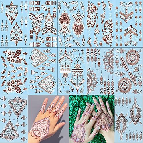 XMASIR 12 Feuilles Tatouage Temporaire, Faux Tatouage Ephemere Mandala Tatoo Temporaire Autocollant Indienne Taouages Femme Homme Pour Mariage Main Art (Blanc Brun)