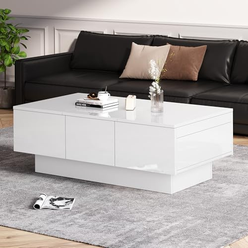 BTM Moderner Hochglanz-Couchtisch 100x55x35 cm - weiß, mit Schiebefunktion, 2 versteckte Fächer, 2 Schubladen - Elegantes Design für Ihr Wohnzimmer,Weißer Hochglanz-Couchtisch