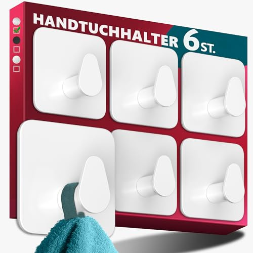 Menz Handtuchhalter ohne Bohren Edelstahl, 6er Set, Weiß | Wasserfeste Badezimmer Handtuchhalter, ovale Klebehaken fürs Bad, Haken selbstklebend als stabil Handtuchhaken