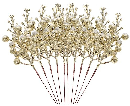 SEWOART 10 Stück Künstliche Beerenstiele Glitter Zweige Weihnachtsbaumdekoration Winterliche Weihnachtsdeko Gold Weiß Für Selbstgemacht Kränze Und Tischdekoration