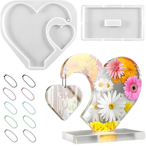 Aphromirel Silikon Fotorahmen Form Herz Gießformen Silikon mit 10 Kleine Ketten DIY Epoxidharz Formen Geschenke für Mama Geschenk für Papa für Ostern Weihnachten Geburtstag Desktop Dekoration