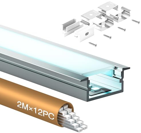 Shine Plus LED Profil U-Form 2 m x 12 Stück, Schiene aus eloxiertem Aluminium, kanal für Streifen bis 17mm, diffusor für gleichmäßige Lichtverteilung （12 x 2m）