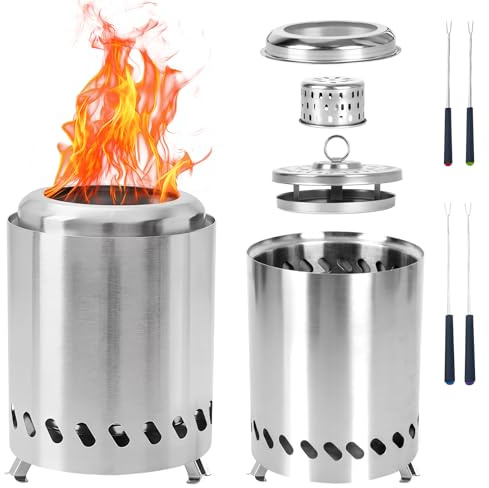 Portable Tabletop Fire Pit, Smokeless Stainless Steel Firepit with Storage Bag, Mini Outdoor Stove with Stand, 4 Forks, Camping Outdoor Patio, Fueled by Wood or Pellets, Birthday Housewarming Gift