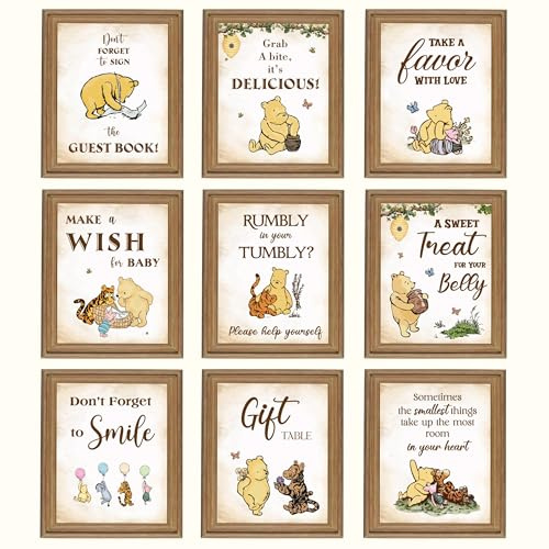 97 Decor Classic Pooh Bear Baby Shower Decorations - 9 Winnie Table Signs Decor, Vintage Pooh Quotes Winnie Party Supplies, Baby Welcome Sign For Birthday Parties, Gender Reveal, Table Centerpieces
