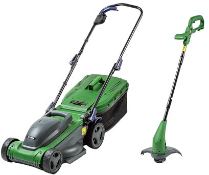 Forte Tosaerba elettrico rotativo da 1400 W, 34 cm, con rullo posteriore e decespugliatore 2 in 1, set per tosaerba e tagliabordi per prati di piccole e medie dimensioni, verde