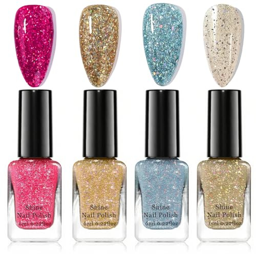Glitter Nail Polish - Nail Polish Set - Quick Dry Nail Varnish Sets - Red Blue Silver Gold Shimmering Polish - High Glossy Sparkle Diamond Nail Varnish 7 Days Lasting No Need Cure