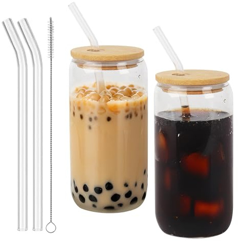 HAOYULUO Glas mit Deckel und Strohhalm, 500 ml Trinkgläser mit deckel, Dosenförmige Glasbecher, Geeignet für Eiskaffeetassen, Limonaden, Smoothies, Bier, Cocktails (2 Pack)