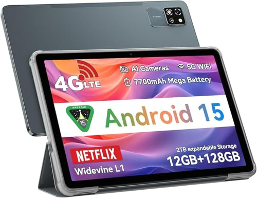 LMHTRADE Tab60Pro Android 15 Tablet 10 pollici, 12GB + 128GB (TF 2TB) 5G Wi-Fi 4G LTE Gaming Tablet cellulare con slot per SIM Card, 7700mAh 5MP + 8MP AI Camera, GPS, Widevine L1, BT5.0 Face ID