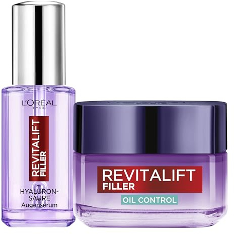 L'Oréal Paris Set: Revitalift Filler Augenserum mit 2,5% Hyaluronsäure + Koffein, Anti-Aging Augenpflege, 20 ml und Revitalift Filler Oil Control Gel-Creme mit Niacinamid, Glycerin und Ceramid, 50 ml