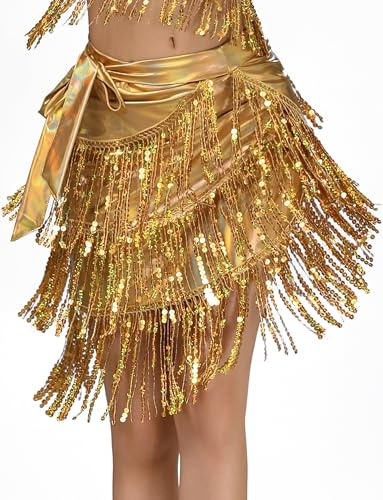SEAUR Latein Rock Damen Tanzen mit Fransen Metallic Bauchtanz Hüfttuch Lackleder Tanzrock Wickelrock Einheitsgröße