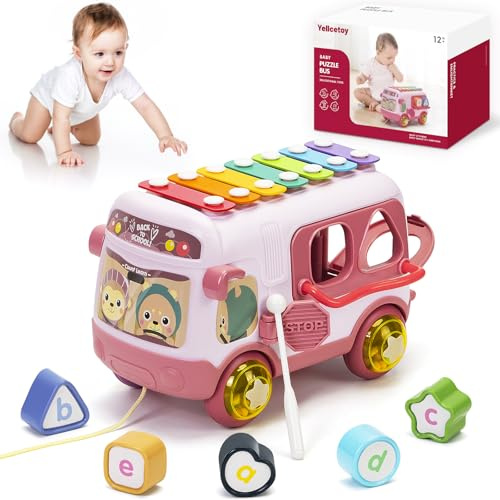 Jouet Fille 1 an, Jouets Bebe 12 à 18 Mois Bus Musicaux Sensoriel avec Xylophone, Trieur de Formes Jouet éducatif précoce, Cadeaux pour Les Enfant 12 Mois+ Rose
