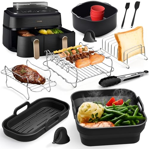 Accesorios para Freidora Aire Philips Airfryer Serie 3000-5000 9L, Molde Silicona Plegable, Molde Horno Reutilizable para Philips Dual Basket Airfryer NA350/NA550 9L