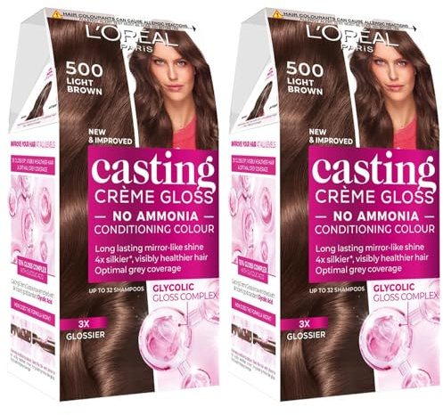 L'Oreal Paris DOUBLE Ammonia Free Semi-Permanent Hair Dye, 500 Medium Brown, Glossy Hair Colour, Natural Looking Finish, For Up To 28 Shampoos, Casting CrÃƒ¨me Gloss, 1 Application