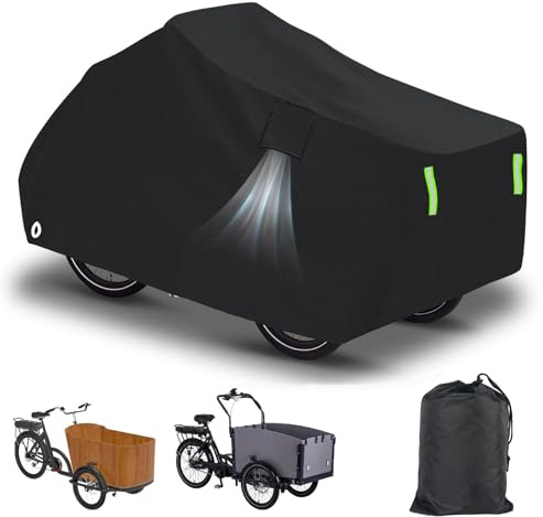Lastenrad Abdeckung, 225x105x100cm Fahrradabdeckung wasserdicht aus 420D Oxford, Abdeckung für Lastendreiräder, Fahrradschutzhülle mit Schlüsselloch, Reflektorstreifen Schnalle, UV-Schutz Reißfest