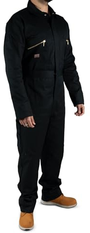 Unbreakable Men's Black Zipped Coveralls - Heavy Duty Workwear Overalls, Boilersuit with Concealed Brass Zip, Internal Knee Pad Pockets, Reinforced Stretch Waistband - Multi-Pocket Design