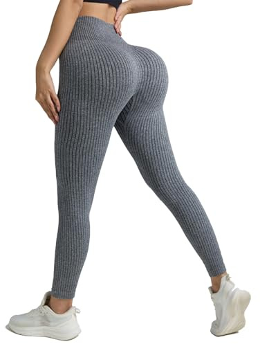 Leggings de punto acanalado para mujer, sin costuras, cintura alta, control de abdomen, pantalones de yoga ajustados, bandas de resistencia, leggings de compresión, gris, L