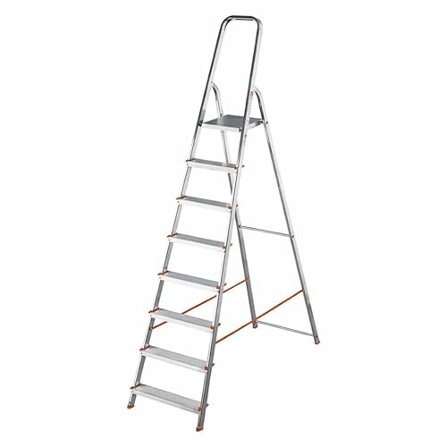 Scala Alluminio 8 Gradini - PIATTAFORMA ANTISCIVOLO - Conforme EN131 - Portata 150kg - Scala Pieghevole con Pedana in Acciaio e Blocco Sicurezza Antiapertura - Per Lavori Domestici e Fai da Te