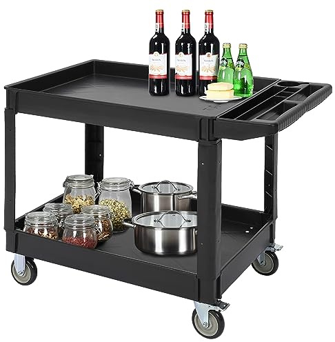 Heavy Duty Plastic Utility Cart, 230kg Capacity 2-Tier Industrial Service Cart with Wheels, Plastic Tool Cart with Deep Shelves & Ergonomic Storage Handle, Kitchen Trolley for Warehouse, Garage
