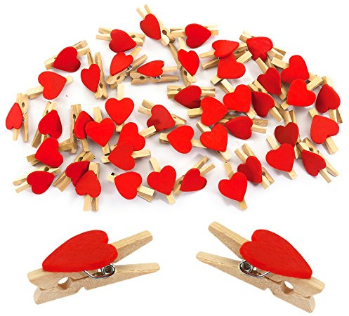 Oblique-Unique® Lot de 50 mini pinces à linge en bois en forme de cœur rouge ou blanc - Pinces décoratives en bois (rouge)