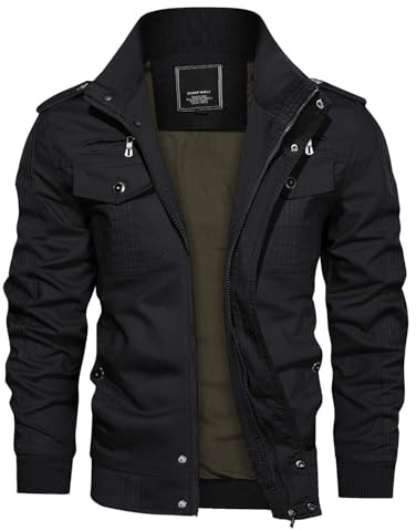 KEFITEVD Transition Jacket Men Cargo Spring Flight Jacket dentro del bolsillo con cremallera Pilot Parker cálido a prueba de viento negro L