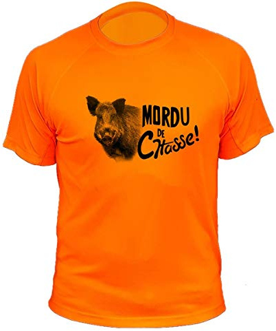 Tee Shirt, Mordu de Chasse, Sanglier (XL,239, Orange)