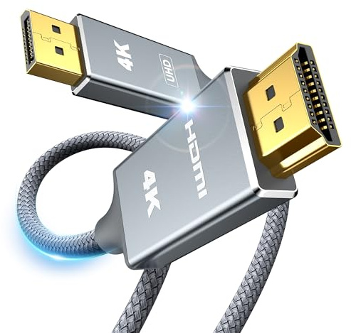SNOWKIDS DisplayPort auf HDMI Kabel 4K 1.8meter, Unidirektionaler DP für HDMI Verbindungskabel Nylon Geflochtener, DisplayPort zu HDMI UHD für Laptop,PC,HDTV,Monitor,Projektor | Unidirektionaler DP für HDMI Verbindungskabel Nylon Geflochtener, DisplayPort zu HDMI für Laptop,PC,HDTV,Monitor,Projektor