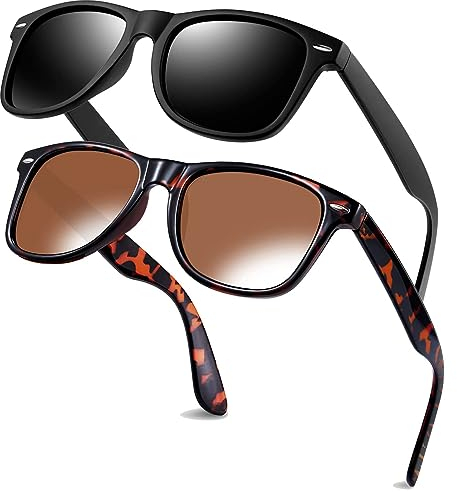 KANASTAL 2er Set Polarisiert Sonnenbrille Herren Damen Retro Rechteckig Sonnenbrille UV400 Schutz, Matt Schwarz Rahmen Schwarz Gläser und Leopard Rahmen Braun Gläser