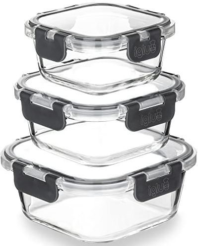 Igluu Meal Prep – Contenitori quadrati impilabili in vetro (confezione da 3) – senza BPA – Set di contenitori ermetici a prova di perdite, adatti a microonde, (800 ml, 520 ml, 320 ml)