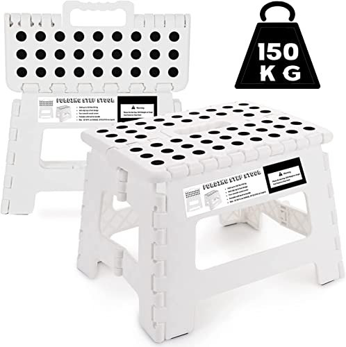 Step Stool for Kids & Adults - 9 inch Plastic Folding Stepping Stool for Kitchen Bathroom Garden and Outdoor, Portable Foldable Stool Holds up to 150KG (White)