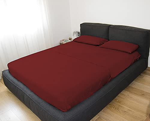 GEMITEX Completo letto Matrimoniale, Colore BORDEAUX, con Trattamento NO-STIRO, effetto Raso, in 100% Microfibra di poliestere. Composto da 2 lenzuola e 2 federe TINTA UNITA. Made in Italy