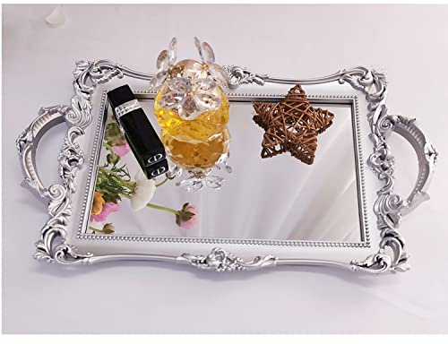 Yamfurga Small Rectangle Decorative Mirror Tray, French Style, Makeup Organizer, Jewelry Organizer, Serving Tray, 13x 7.8, Silver