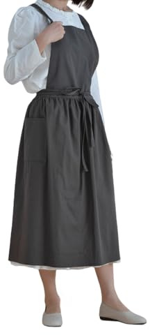 Achsoo Baumwolle Leinen Schürzen Einfarbig Japanischer Stil Kreuz Zurück Schürze mit Tasche Retro Literatur Kunst Blumenladen Kleidung für Damen Herren Küche Kochschürzen